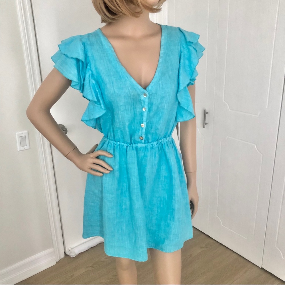 On the Road Aquamarine Linen Ruffle Dress - Picture 8 of 8